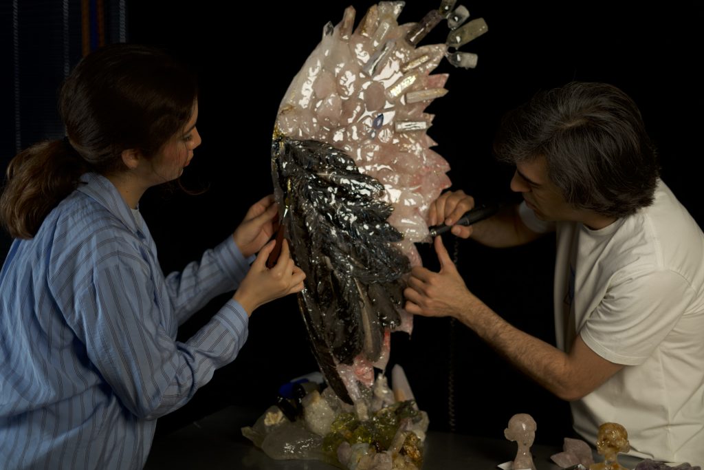 Arzhang Mahajan and Mehraneh Jafari creating a contemporary sculpture in their studio