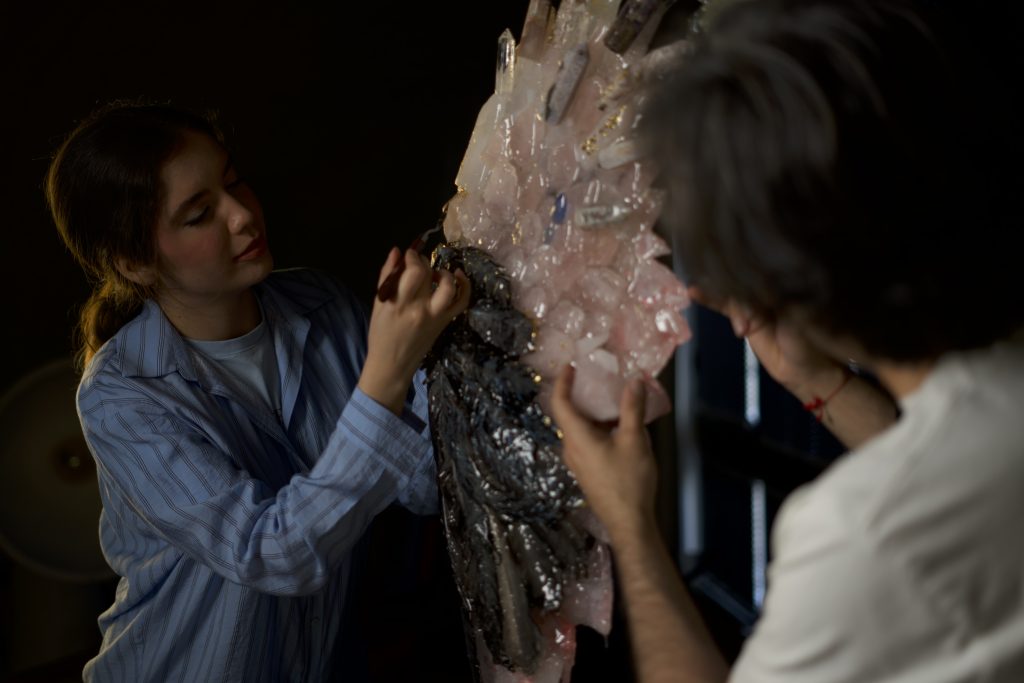 Artists Arzhang Mahajan and Mehraneh Jafari creating a sculpture exploring transformation, memory, and material experimentation.